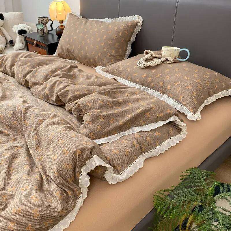 INS French Lace Trim Bowknot Double Layer Gauze Quilt Cover Four-Piece Set Simple Bed Fitted Sheet Dormitory Three-Piece H260312