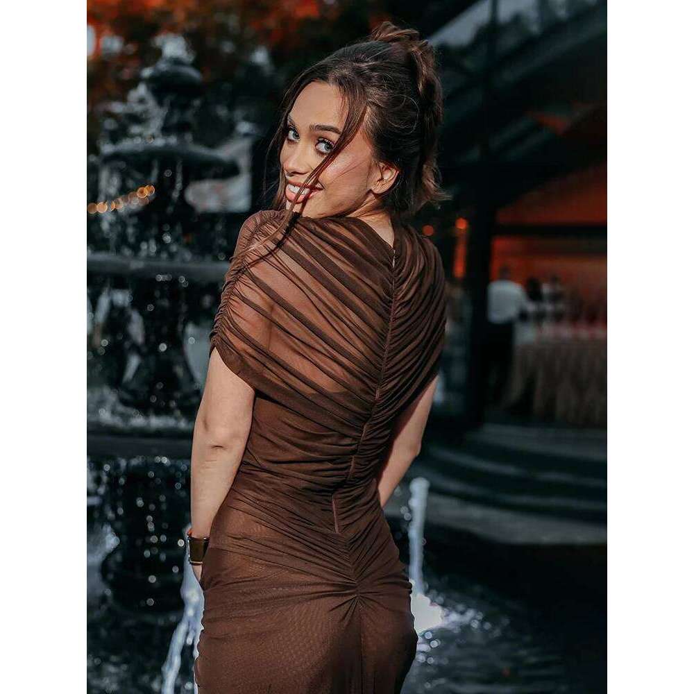 JULISSA MO Sexy Hollow Out Turtleneck Women Maxi Coffee Short Sleeve See Through Mesh Bodycon Elegant Party Evening Dress C260311