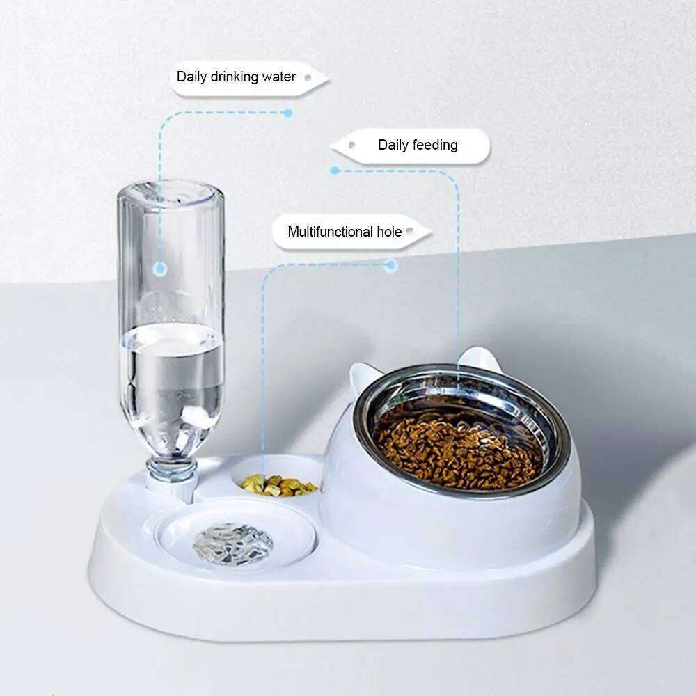 Container with Waterer Feeder 2-in-1 Dispenser Automatic Water Storage Pet Dog Cat Food Bowl 26Y0312
