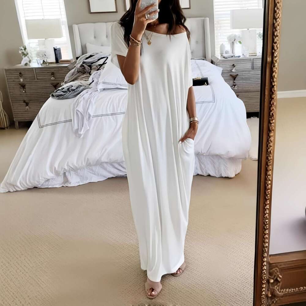 Popular foreign trade product: European and American summer new women's solid color short-sleeve long casual dress