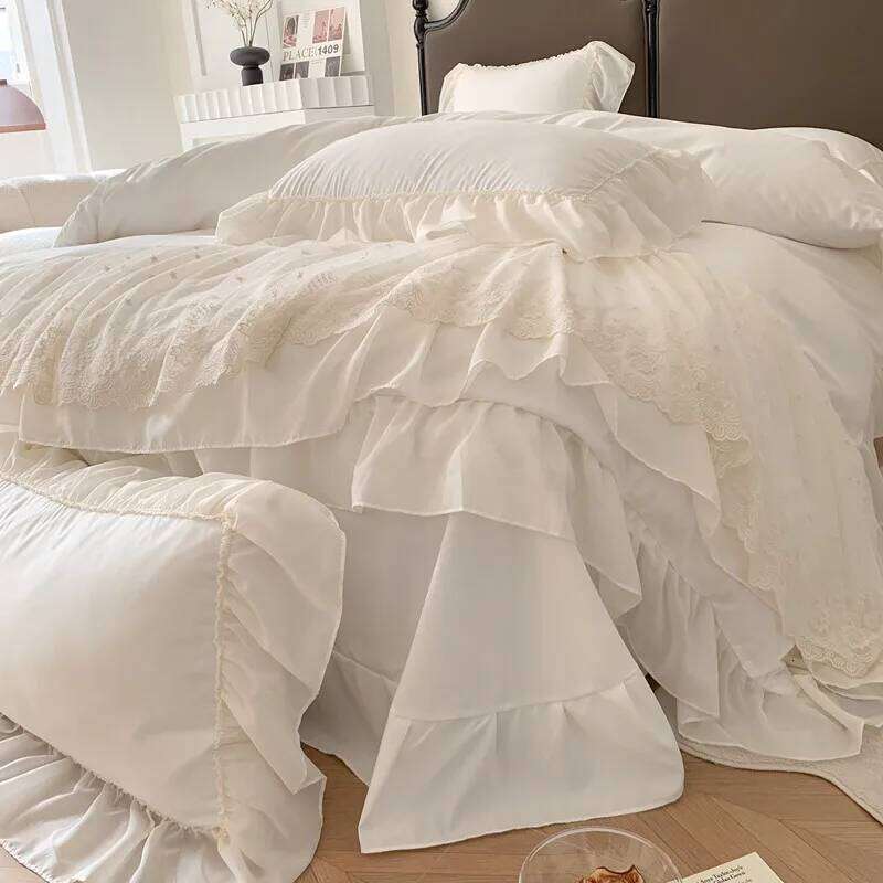 Wide Chiffon Lace Sweet Princess Style Duvet Cover+2Pillowcases Double Queen Bedding Set 3Pcs Breathable Soft for Girls Bedroom H260312