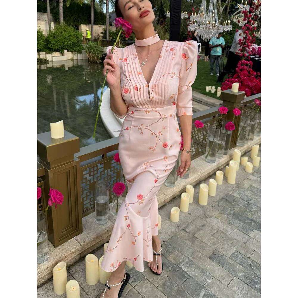 Tossy Elegant Printed V-Neck Long Female High Waist Bandage Slim Contrast Party Evening Women's Lace-Up Maxi Dress C260311