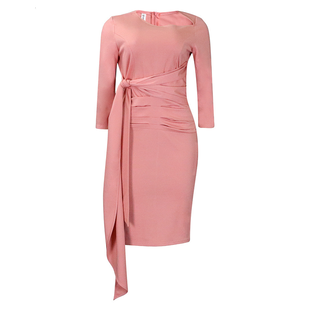 D3168 Womens Summer Office Dress Three-Quarter Sleeve Pleated Tie Professional Plus Size Dress