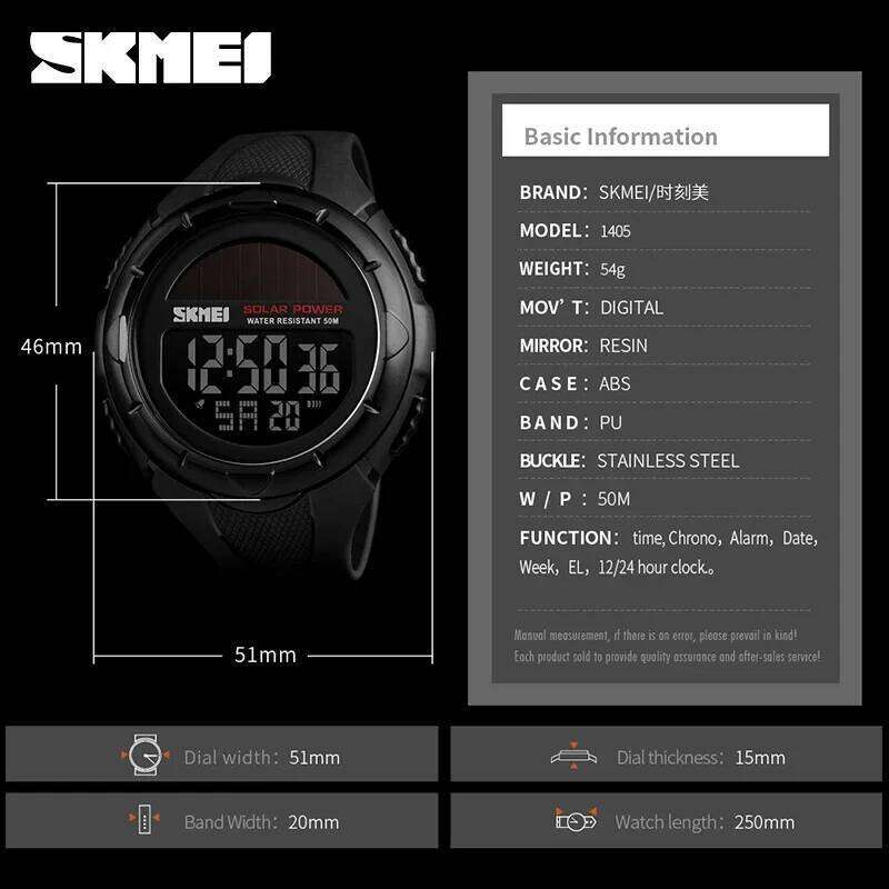 SKMEI 1405 Solar Energy Sports Digital Mens Wristwatches LED Display Military Waterproof Watch for Men Clock 1068 Reloj Hombre