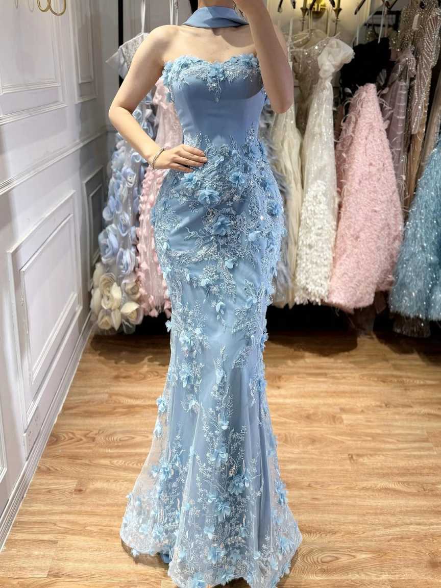 Princess 3D Flowers Evening Dresses Strapless Sleeveless Mermaid Prom Gowns Special Occasion Party Customized