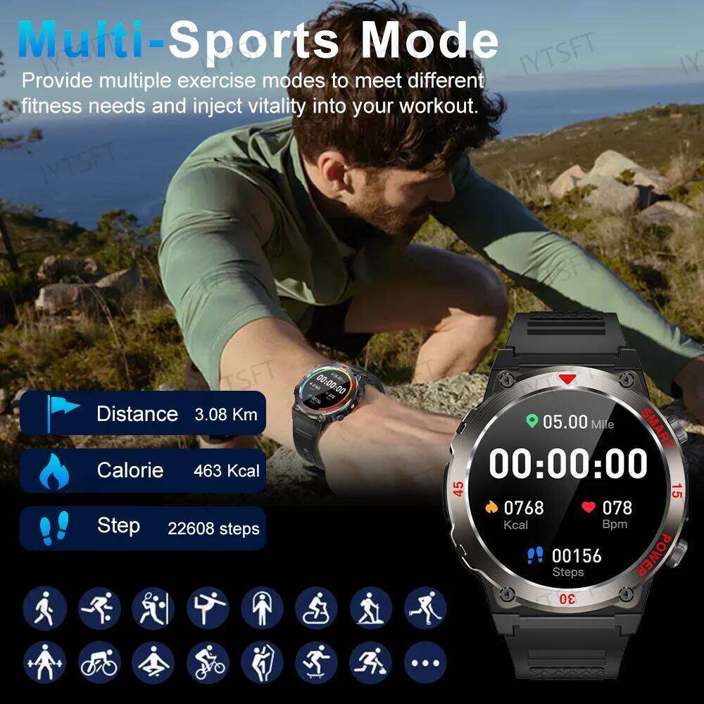 New Smart Watch 1.52 Inch HD Screen Sport LED Flashlight Heart Rate Fitness Tracker Bluetooth Call Smartwatch Men