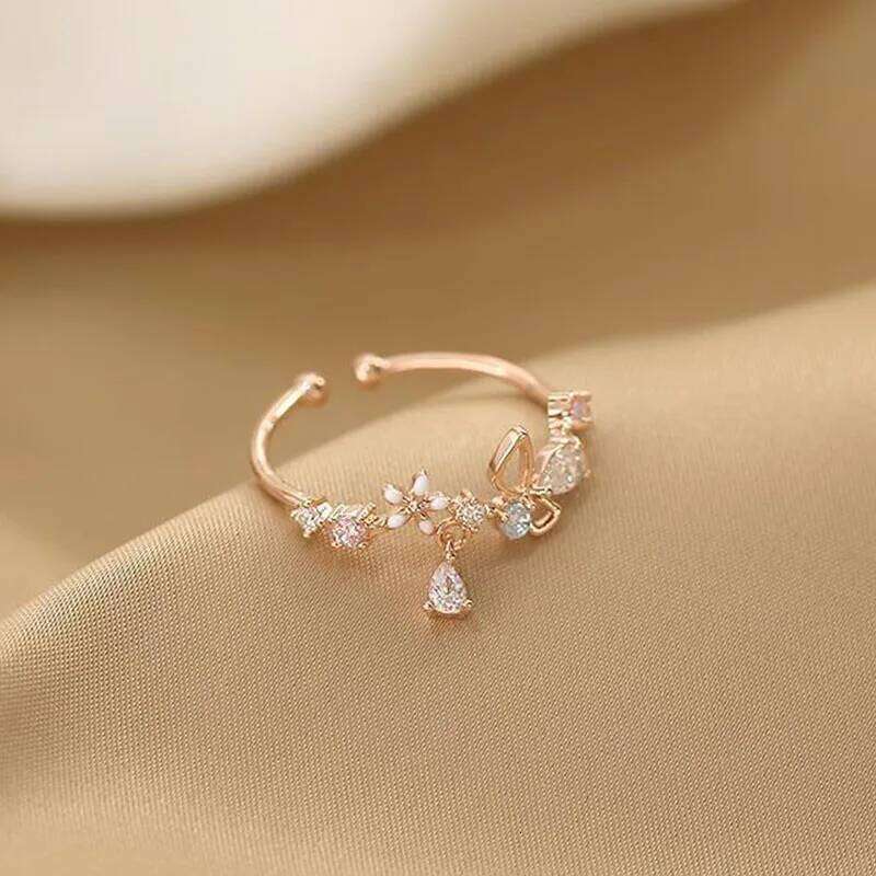 ANENJERY Zircon Flowers Bowkont Adjustable Ring For Women Simple Beautiful Princess Accessories Gift H260312