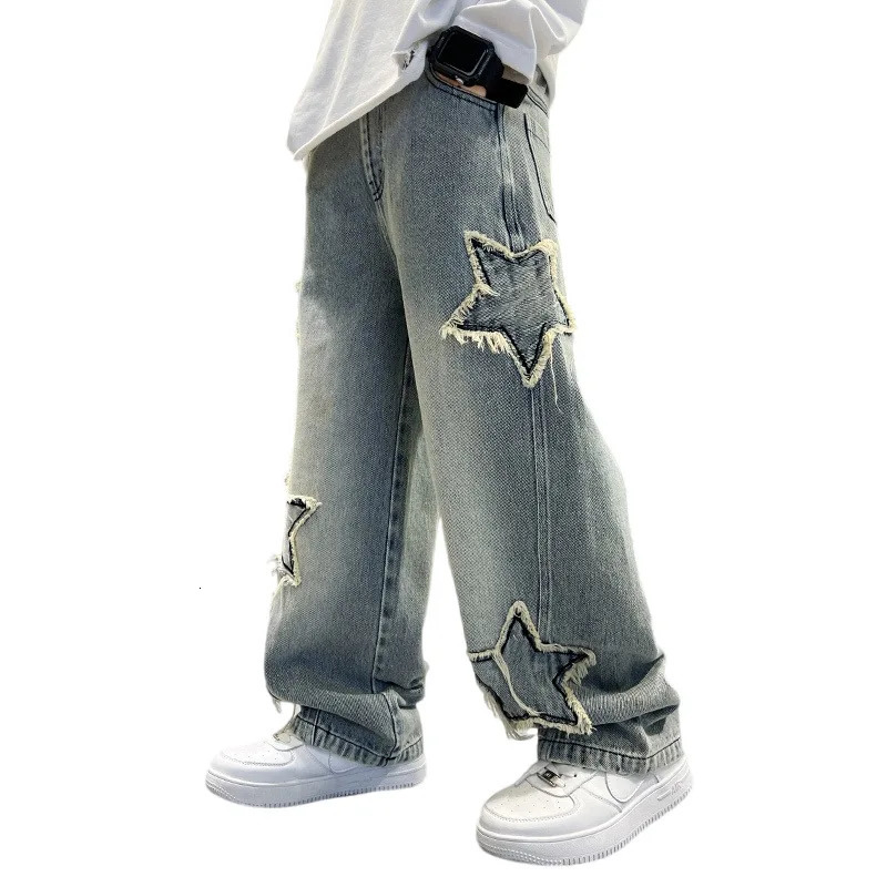 Fashion Teenager Boys Denim Wide Leg Pants Child Trousers Spring Autumn Star Splicing Raw Edge Jeans 514 Yrs Kids 260311