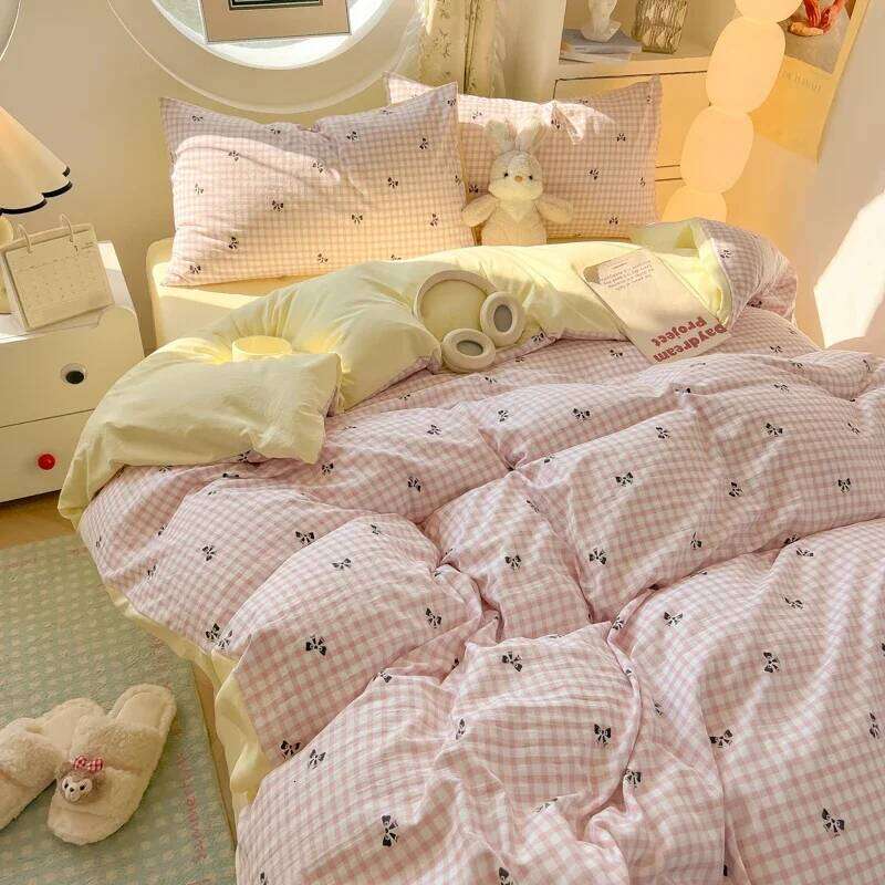 2025 New Quilt Washed Cotton Ins Style Bed Cover Four-piece Sheet Set - Bow Check Pillowcase Included for Students 150x200 H260312