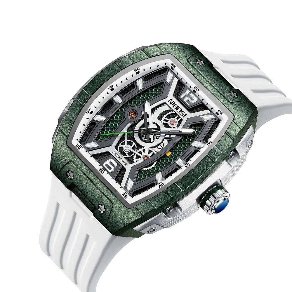 NIBOSI Luxury Automatic Skeleton Watch Men Tonneau Sport Style Silicone Band Quartz Watches 3ATM Water Resistant Luminous Hands