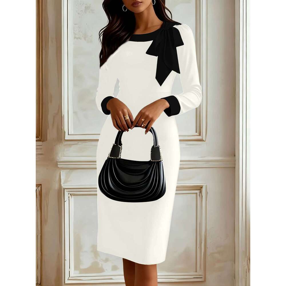 Women's Autumn Professional Elegance Bow Tie Color-blocked Career Dress Goddess Style Tailored Fit C260312