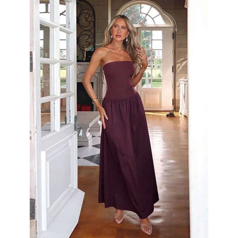 Elegant Women Solid Sleeveless Off Shoulder Maxi Dress Sexy Backless High Waist Pleated Dresses Chic Lady Club Party Robes C260312