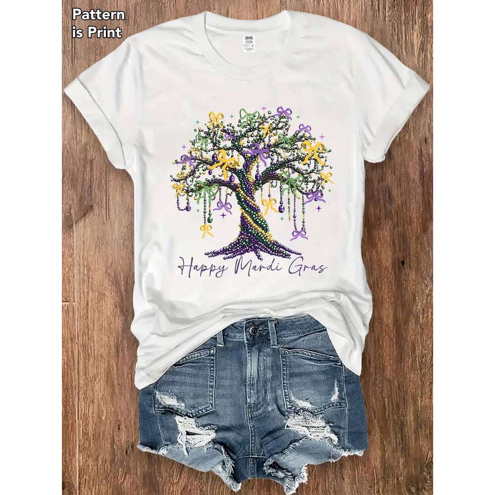 Women's Mardi Gras Festival Shirt Purple Green Gold Hanging Beads Oak Tree Graphic Tee Summer Casual Party Gift Black White Z260312