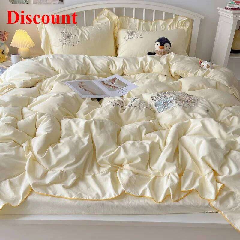 Lace embroidery small fresh and cute girl heart four-piece set washed cotton summer sheet quilt cover bed hat H260312