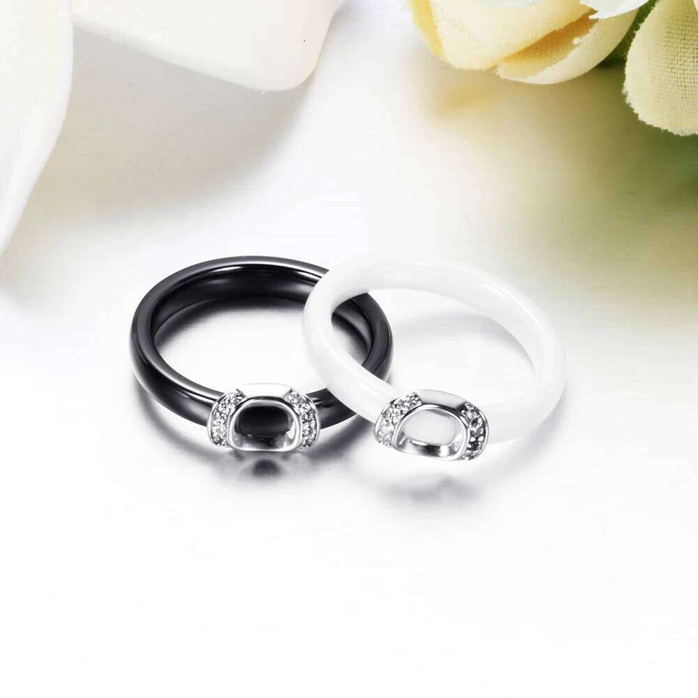 Unique Design White/Black Ceramic Ring With Cubic Zirconia Stone Jewelry Engagement Wedding Band Gifts For Women W260311