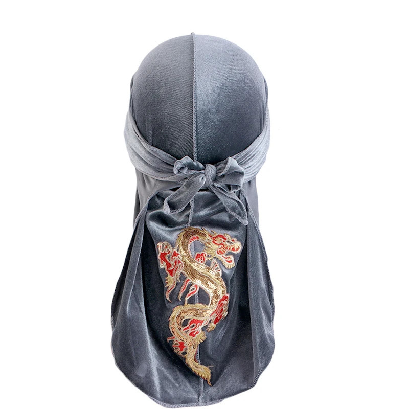 Mens Dragon Pattern Velvet Durags Bandanas Headwear DuRag Turban Hat Headband Breathable Head Wraps With Long Tail 260304