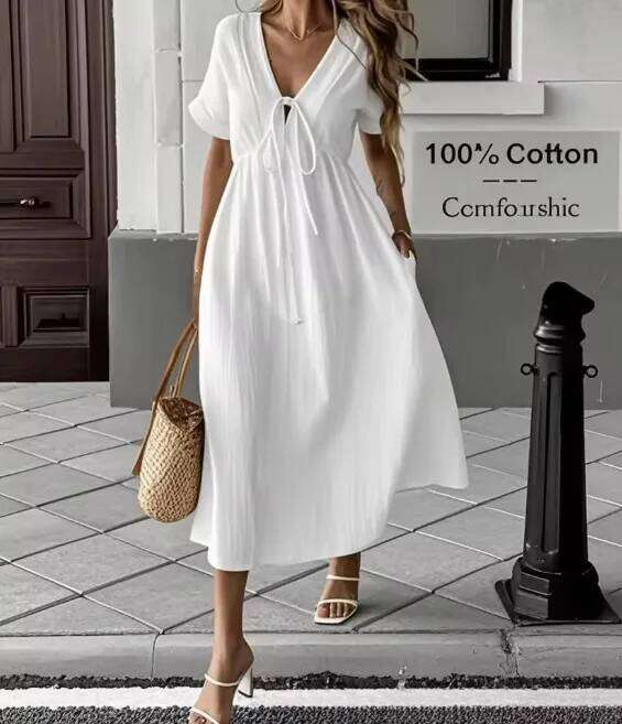 Vintage Solid Midi Summer Fashion V-neck Short Sleeve Cotton Dress Ladies Casual Holiday Vestidos Women Clothing C260312