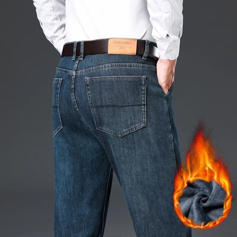 Winter Wool Lining Thickened Jeans Classic Mens Loose Straight Fleece Warm Business Casual Trousers Antifreeze Denim Pants 260228