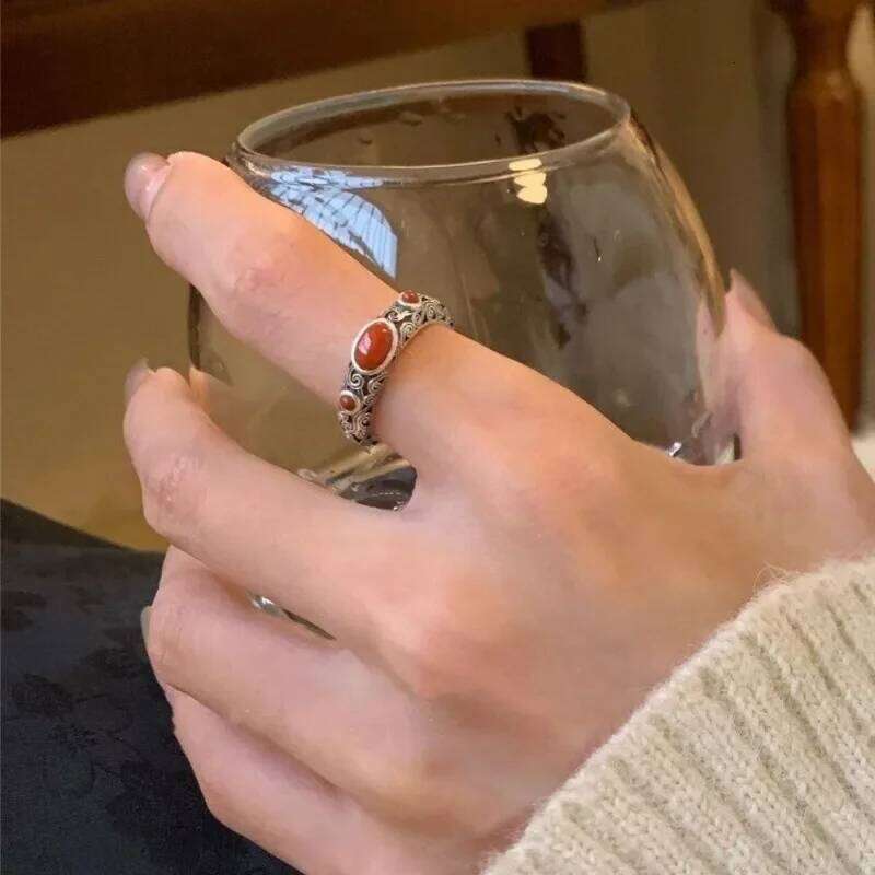 Vintage Ethnic Creative Hollow Imitation Red Agate Adjustable Ring for Women Exquisite Personalized Party Jewelry Accessories H260312