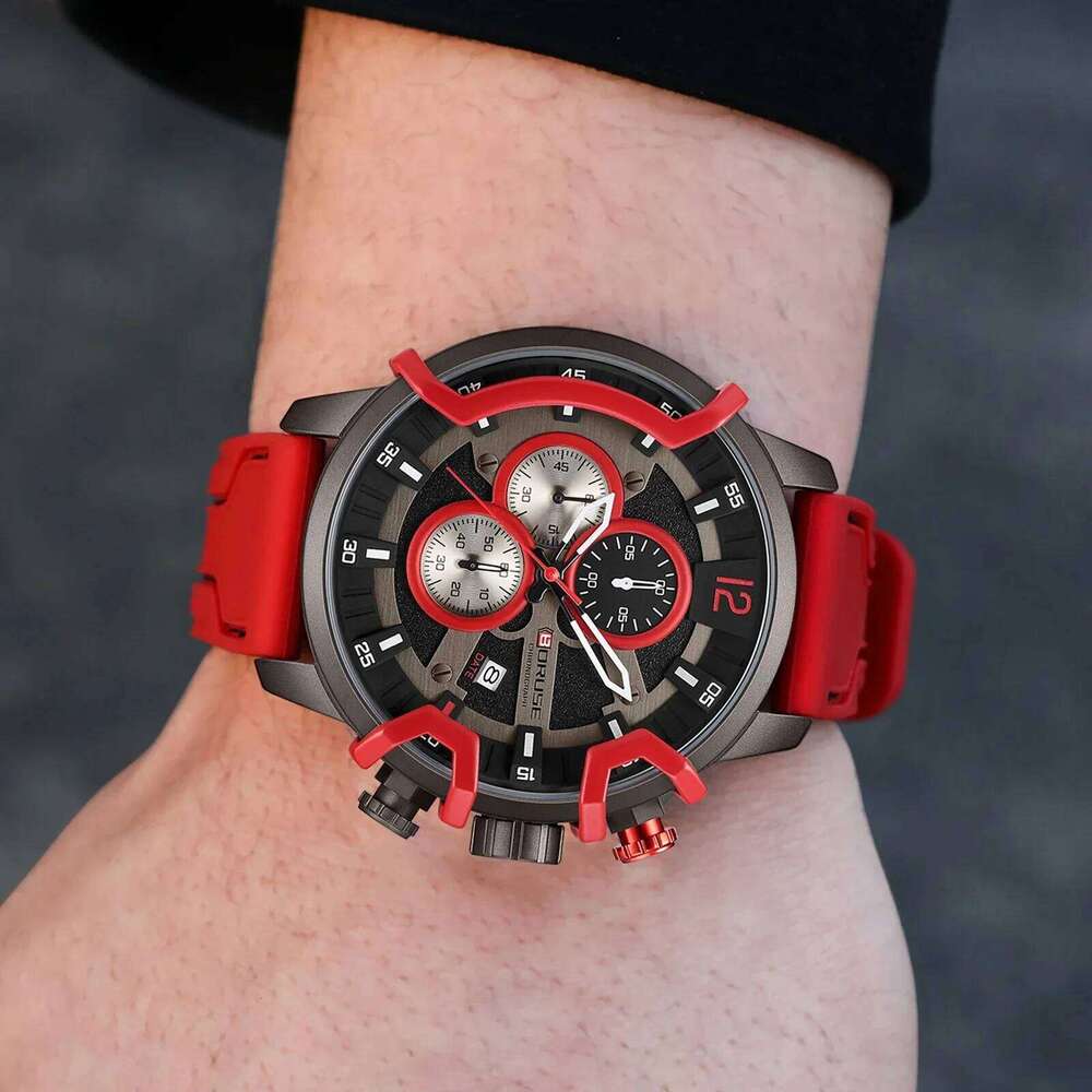 BORUSE 2Pcs/set Business Men's Quartz Watch Necklace Set Round Dial Silicone Red Strap Ideal Gift for Men