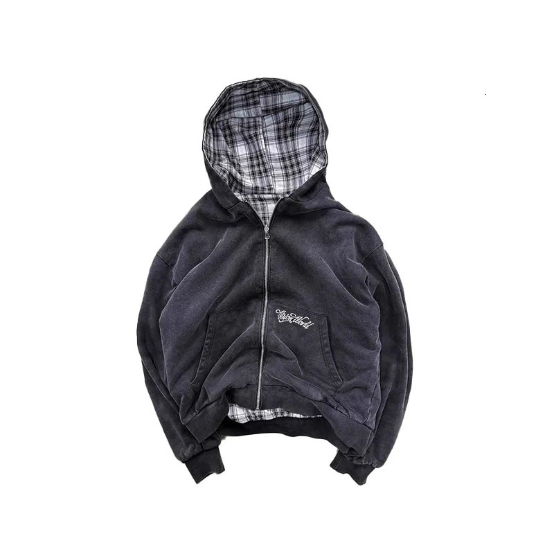 American Retro Reversible Plaid Zipper Hoodie Sweatshirt Mens Womens Casual Plaid Sweatshirt Solid Color Lining Y2K Street Style 260311