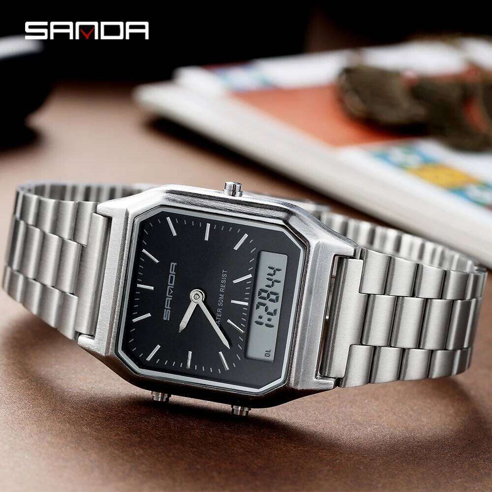 SANDA 747 Luxury Watch for Men Stainless Steel LED Digital Dual Display Clock Waterproof Sports Quartz Wristwatches Reloj Hombre