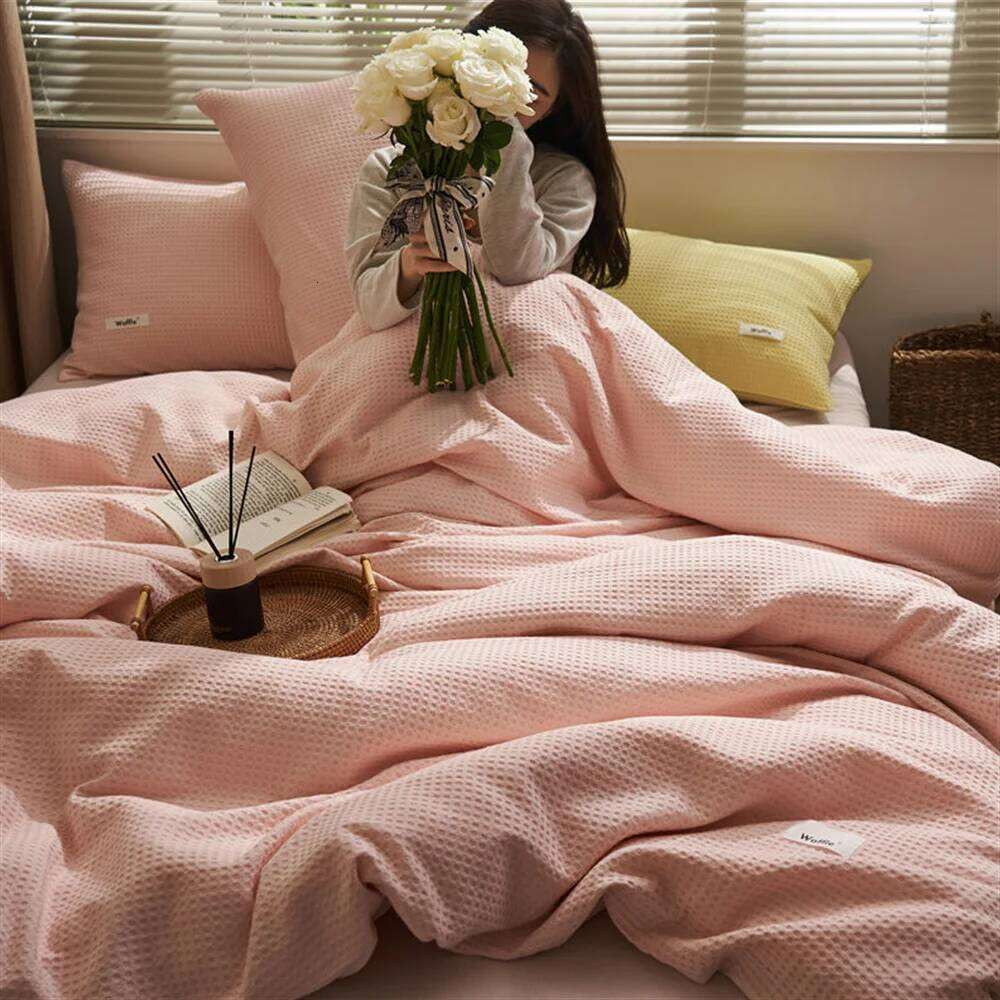 Ins Style Solid Color Waffle Cotton Duvet Cover Four Piece High Beauty Quilt Bed Sheet Bedding Set H260312