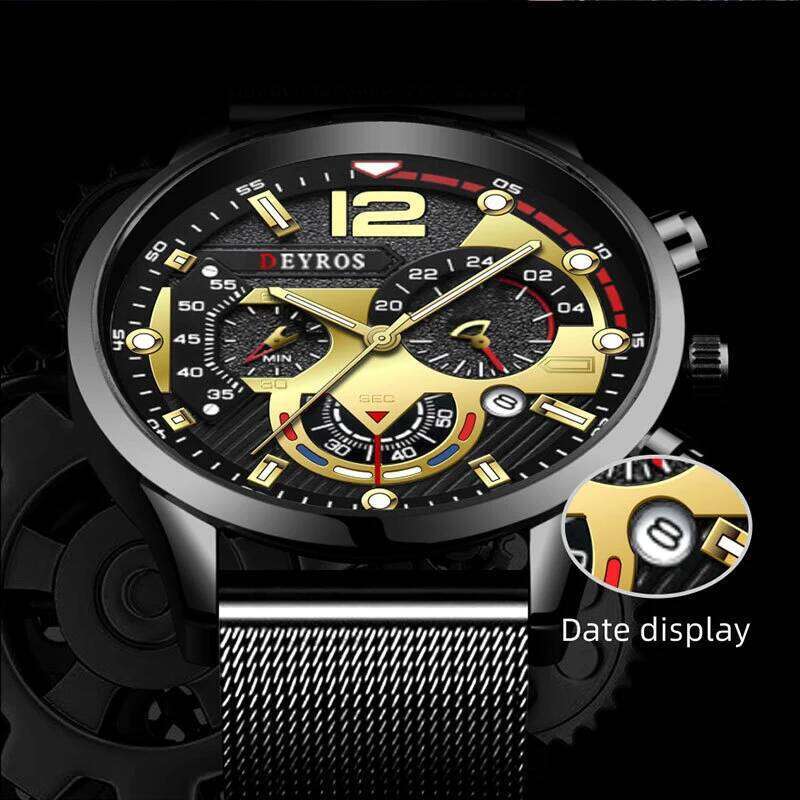 3PCS Set Luxury Fashion Mens Watches Men Business Quartz Watch Male Casual Necklace Bracelet Wristwatch