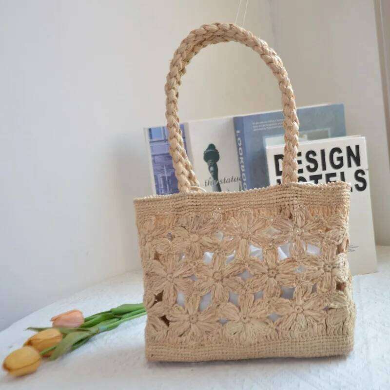 Bohemian Flower Straw Tote Hollow Floral Beach Bags For Women Handbag Handmade Woven Shoulder Bag Summer Travel Shopper NEW WONST