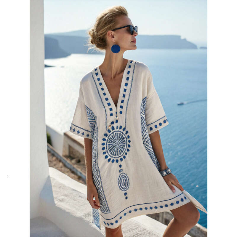 2026 New Seaside Vacation Style V-Neck Bohemian Print Loose Beach Dress Short Sleeve Sunscreen Cover-Up