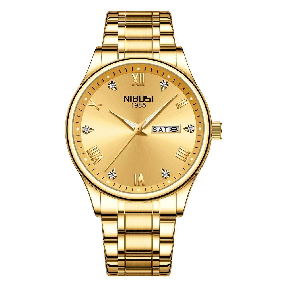 NIBOSI Gold Watches for Men Top Brand Luxury Week Day Display Men's Watch Business Waterproof Stainless Steel Sports Wristwatch