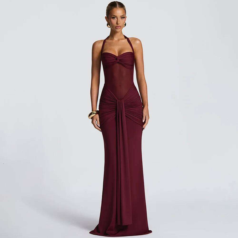Sexy Strapless Halter Long Fashion Bandage Mesh Splice Autumn New Streetwear Evening Party Women's Dress C260311