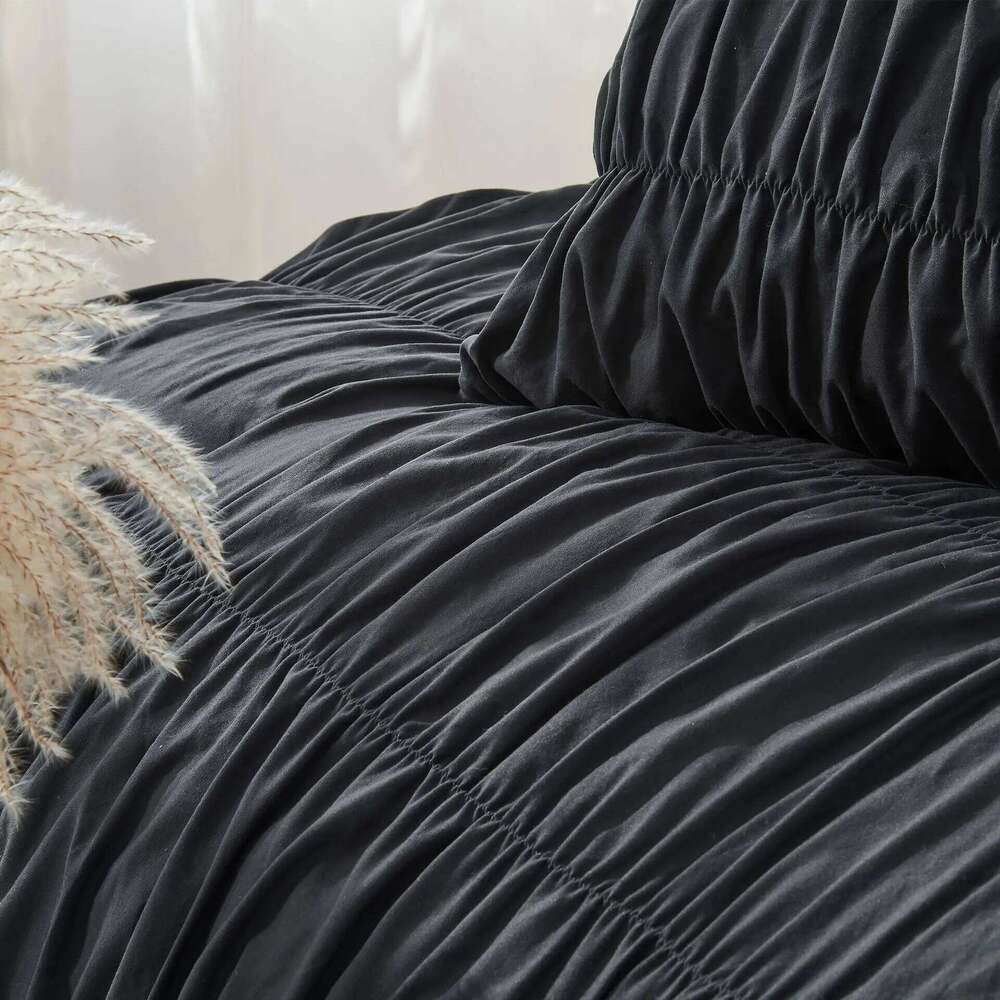 Ruched Black Duvet Soft and Twin Queen King Comforter Cover Boho Shabby Chic Bedding - Fluffy 2/3 Piece Set H260312