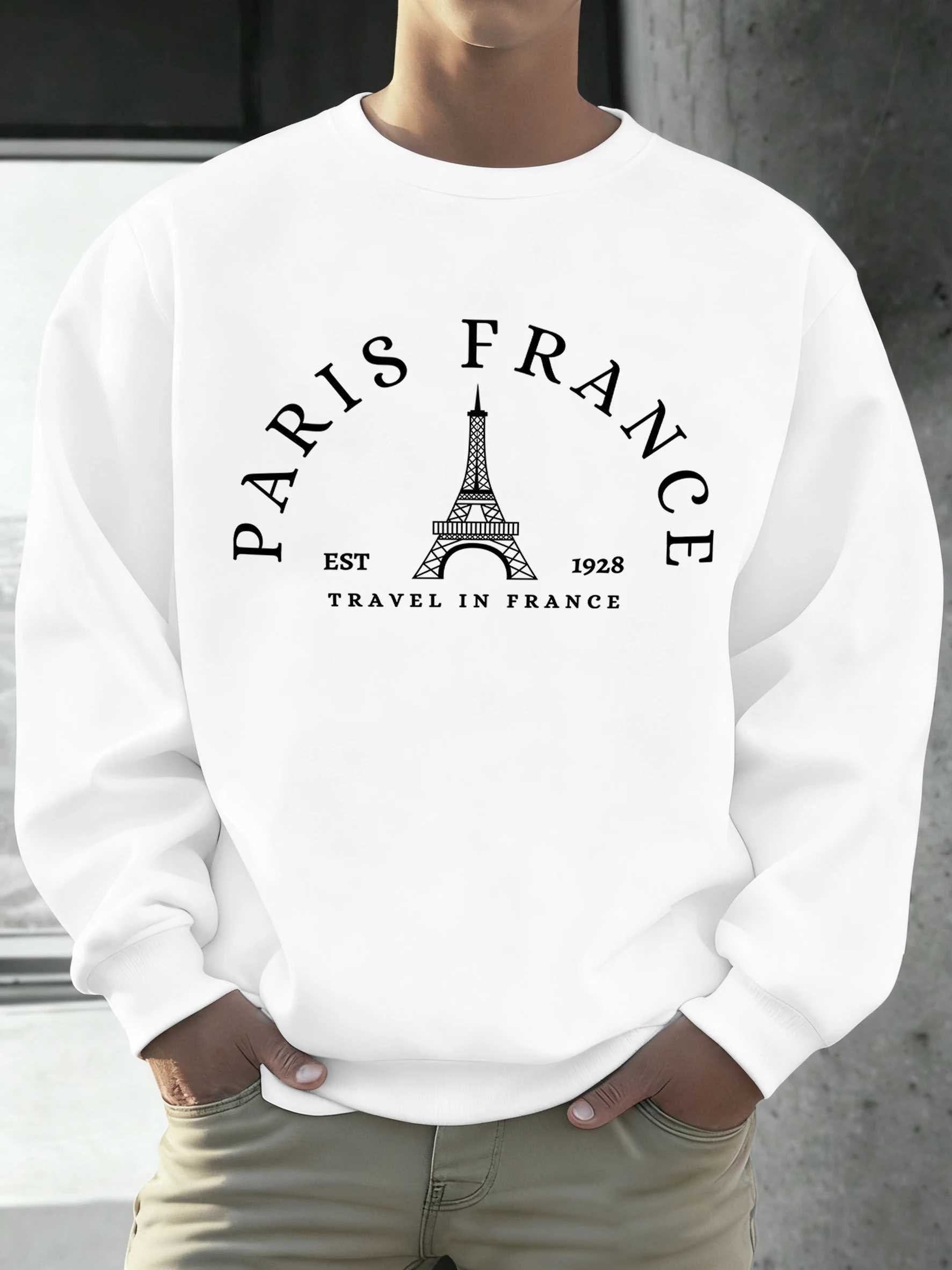 Paris France Travel In France Print Men Sweatshirt O-Neck Loose Casual Pullover All-Match Autumn Long Sleeve Warm Fleece Clothes M260312