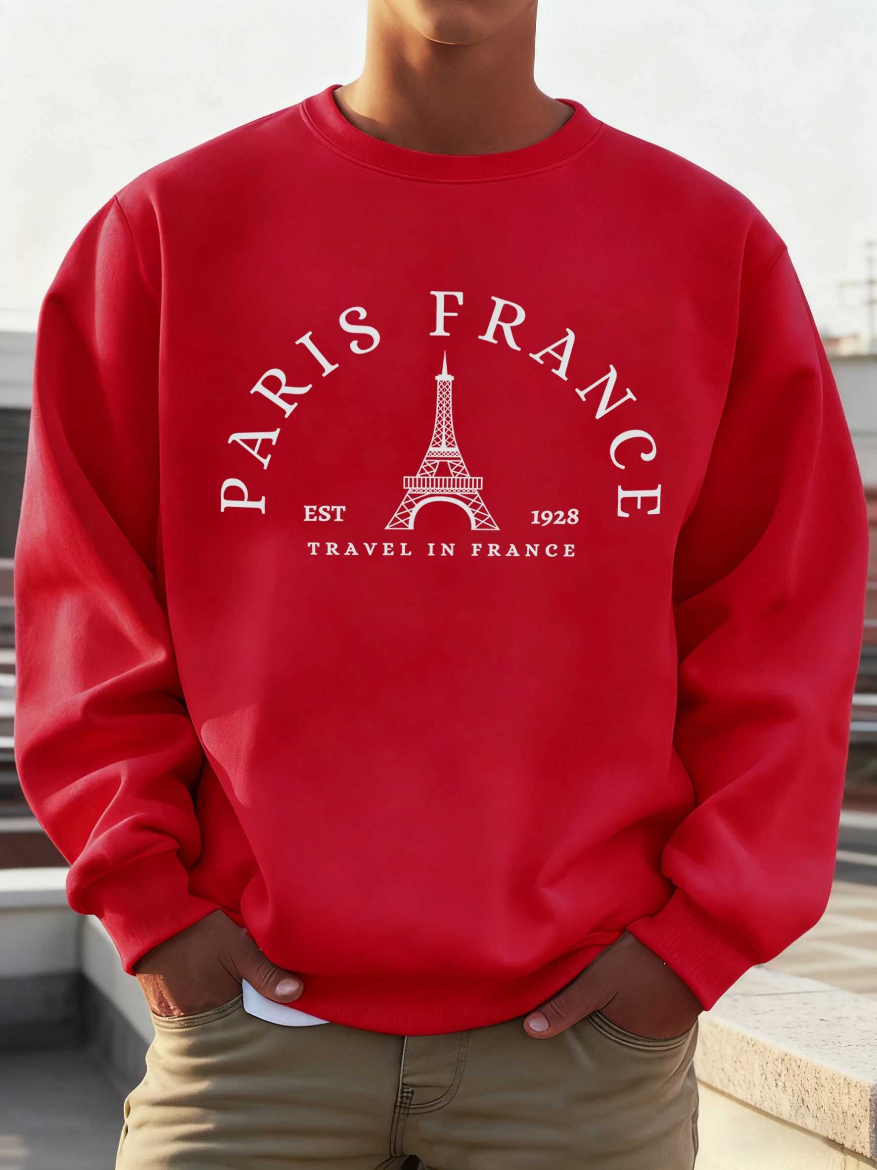 Paris France Travel In France Print Men Sweatshirt O-Neck Loose Casual Pullover All-Match Autumn Long Sleeve Warm Fleece Clothes M260312