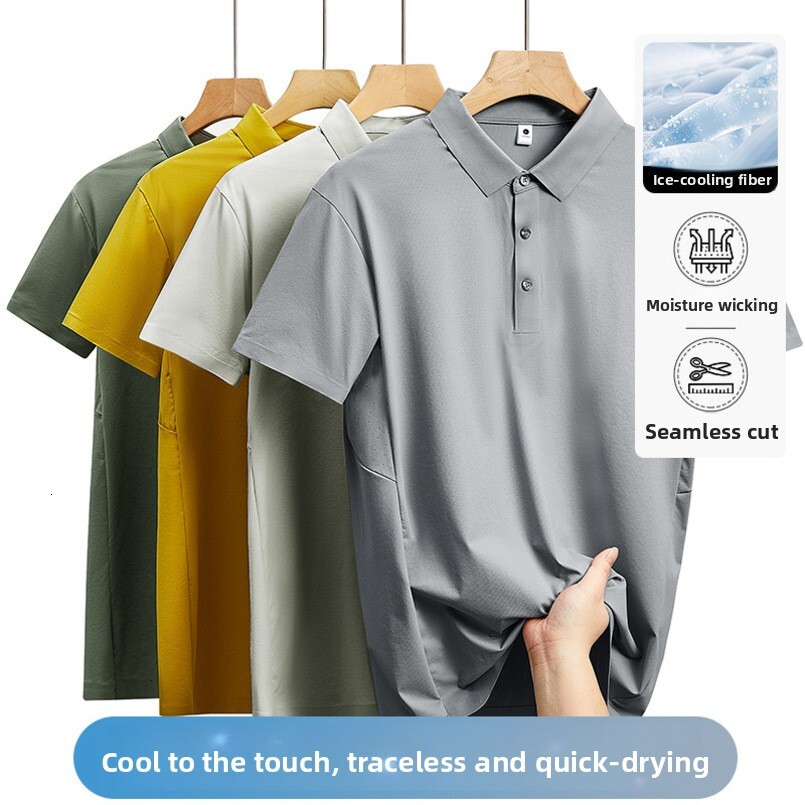 Cross-border seamless nylon-polyester for men, short-sleeved t-shirt, solid color business casual men's collared top, T-shirt polo shirt