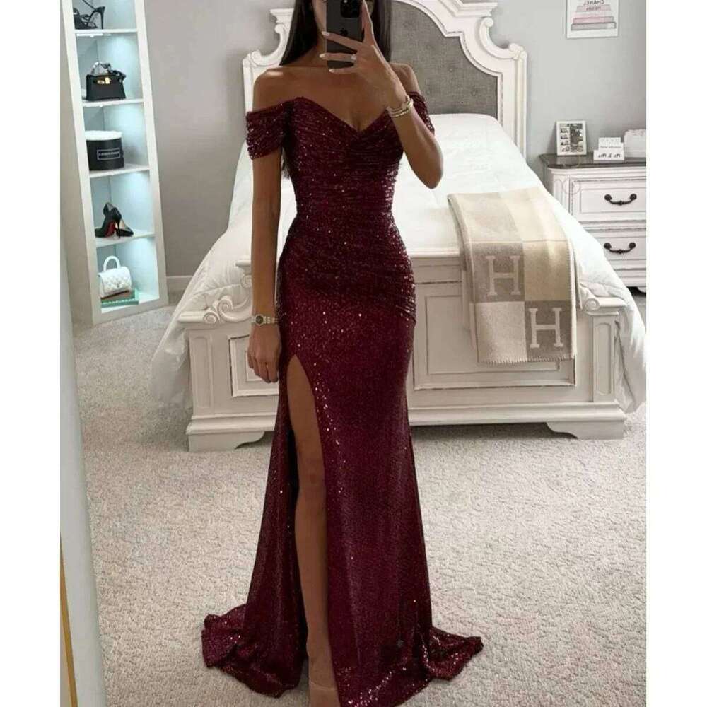 Womens Dresses New Party Sequin One Line Neckline Slit Casual Fashion Dress for Women C260312