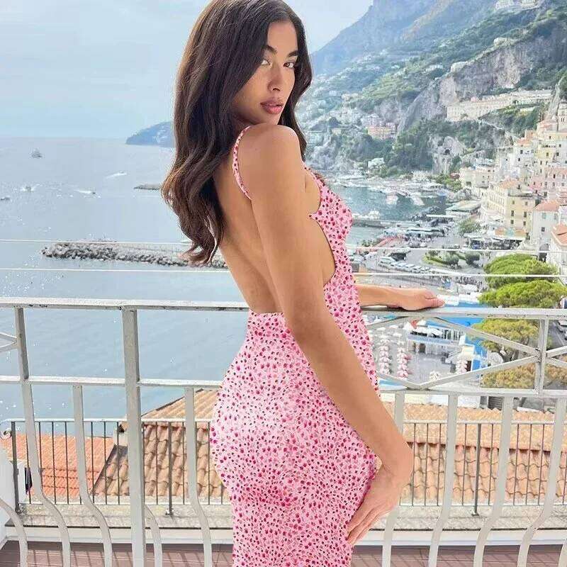 Long Floral Suspender Nsummer Sexy Backless Slimming Beach Dress Fashionable Simple Printed Banquet Women's Clothing C260312