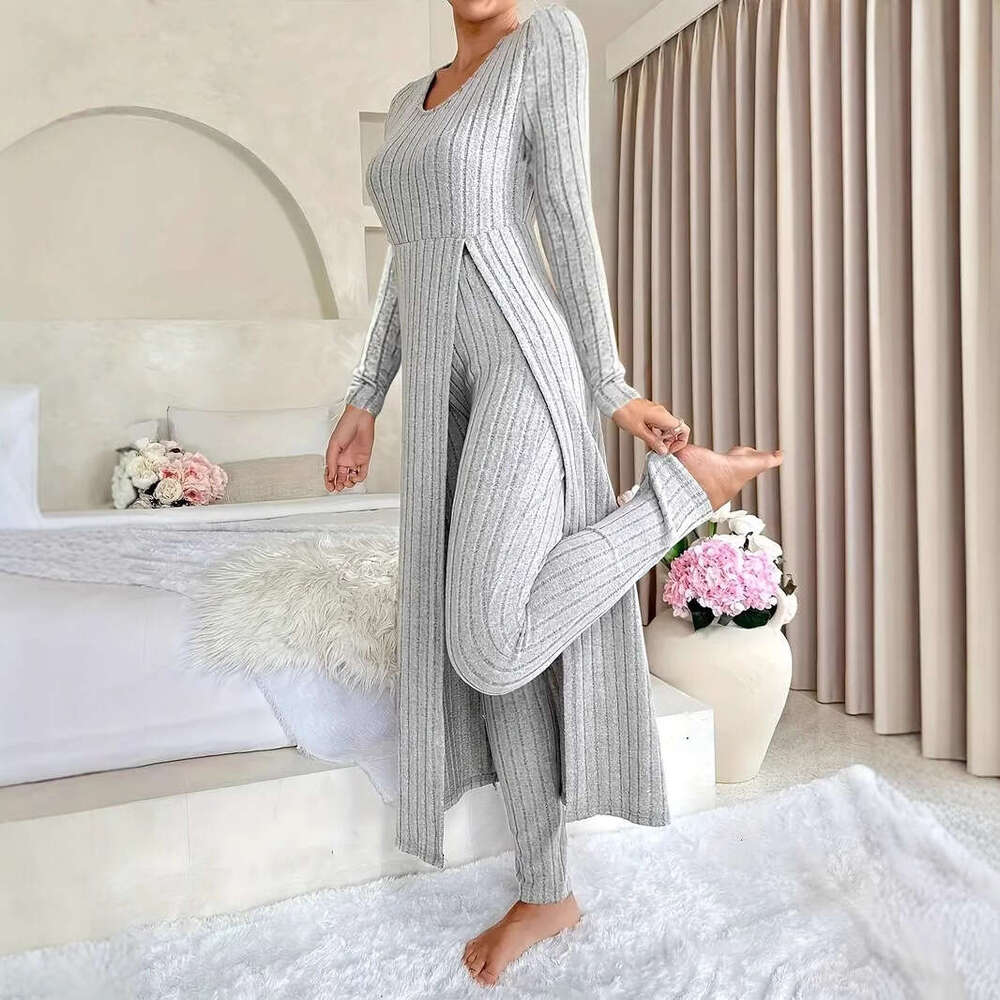 In-stock European American cross-border independent station Amazon new design round-neck split long-sleeve two-piece set for spring and autumn
