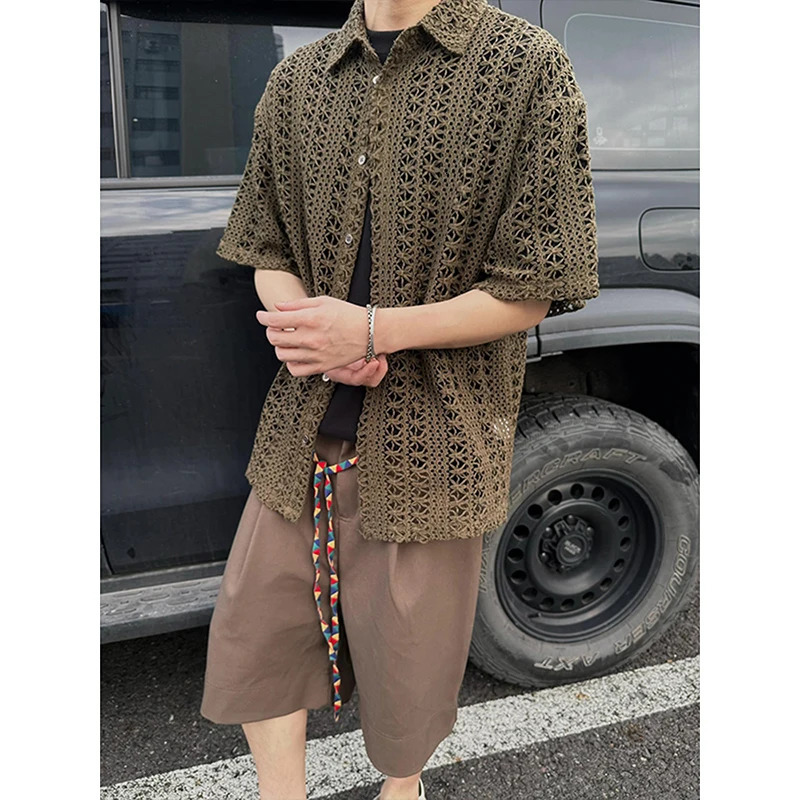 Fashion Army Green Knitted Hollow out Shirt Men Streetwear Transparent Lapel Short Sleeve Button Camisas Sexy Men Clothing 2XL-M 260311