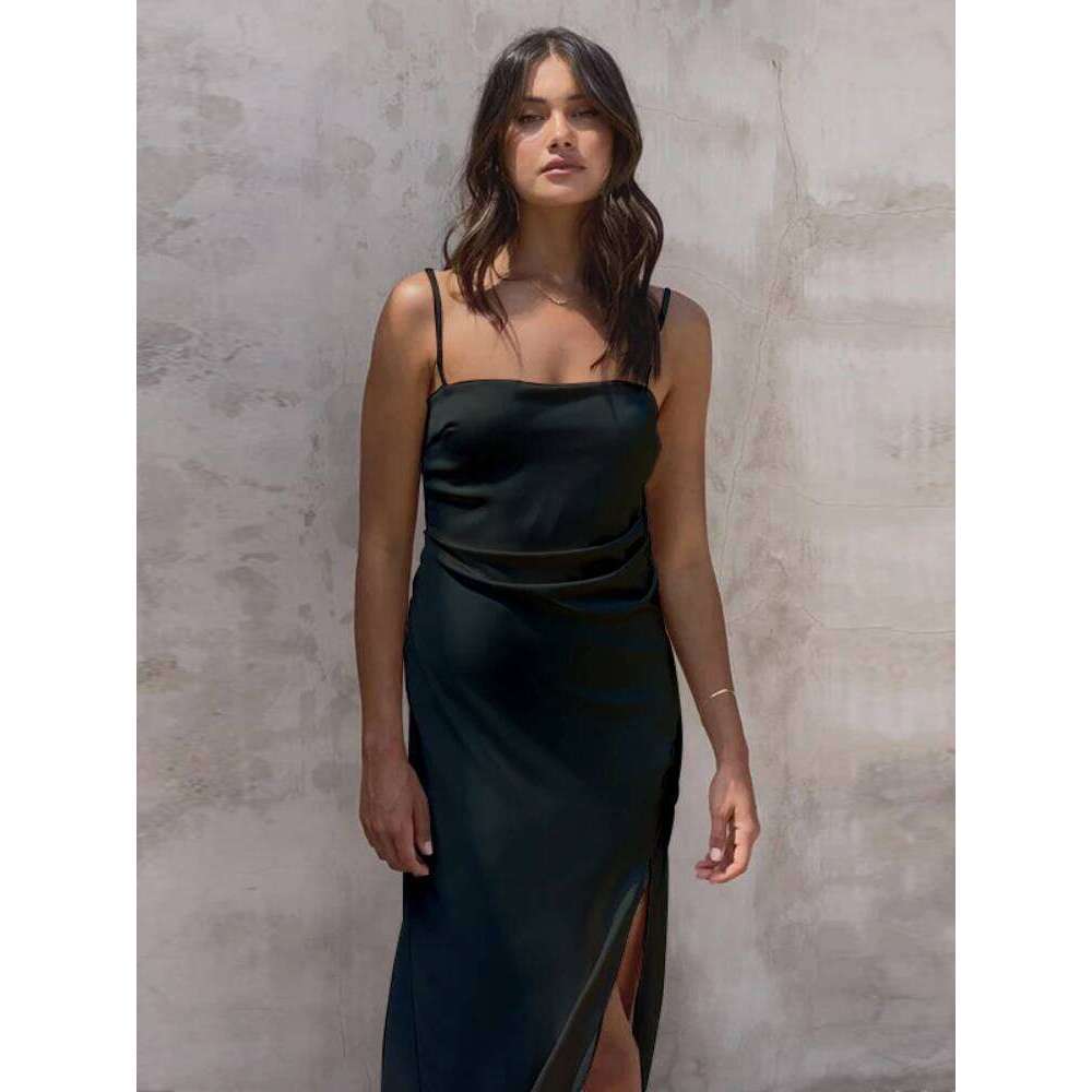 2025 Summer Fashion Elegant Casual Sexy Strap Solid Color Holiday Dress Backless Split Party Women's Clothing C260312