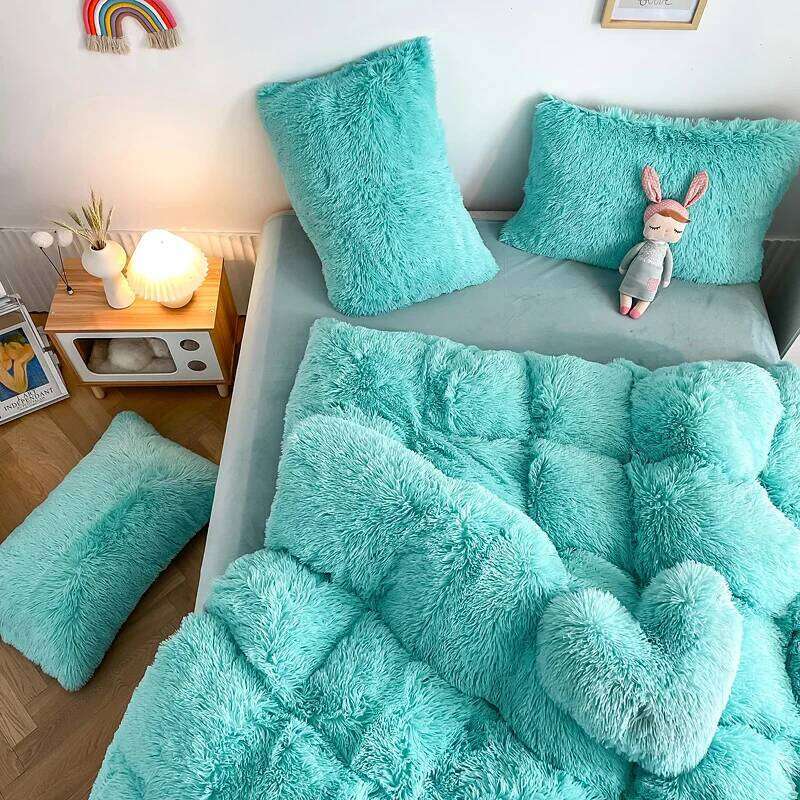3Pcs Fluffy Black Plush Shaggy Duvet Cover +2Pcs Pillowcases Zipper Bedding set Soft Velvet H260312