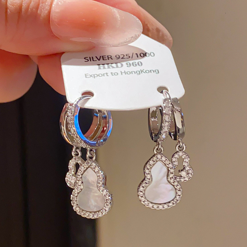 Earrings Light Luxury Zircon Mother-Of-Pearl Hollow Gourd Double-Layer Earrings With A Minimalist, Niche, Fashionable, High-End, Unique Style Earrings