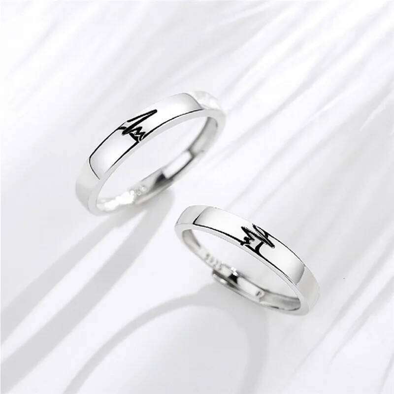 2Pcs Love Heart Electrocardiogram Couple Open Rings For Women Men Lover Black Silver Color Engagement Wedding Valentine'Day Gift W260311