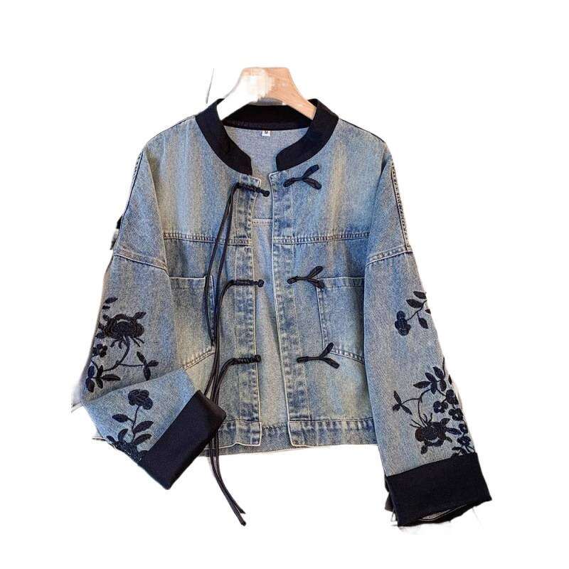 Mardi Hefxessdr New Chinese Style Stand Collar Denim Jackets 2026 Spring Embroidery Coat Women Y2k E-Girl Long Sleeve Loose Tops Mujer coat spring wom