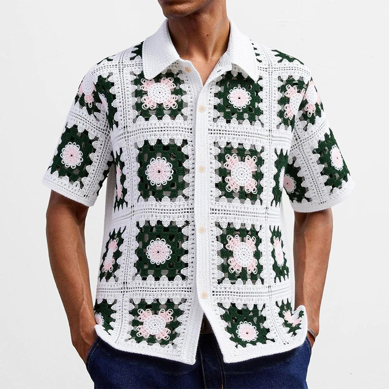 Summer Men Knitted Hollow Out Polo Shirt Fashion Short Sleeve Cardigan Tops French Retro Ethnic Premium Crochet Knitting Shirts 260311
