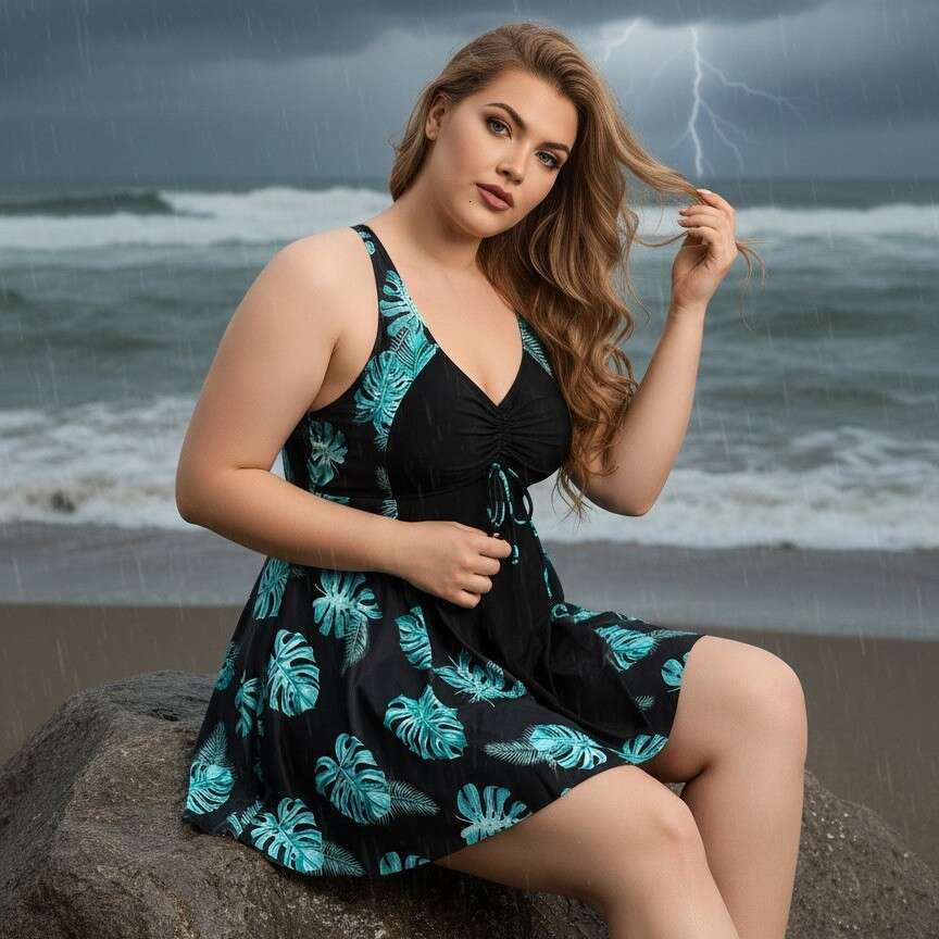 2026 New European and American Cross-Border Women's Swimwear: Conservative, Plus Size, Loose-Fit Skirted Printed Swimsuit with Straps, Concealing