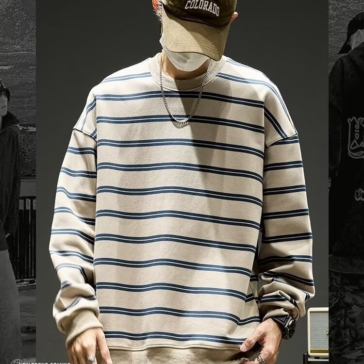 Fashionable Loose Sweatshirt For Men Spring And Autumn College Style Designer Hoodie Retro Trendy Striped Color-block Versatile Couple Top