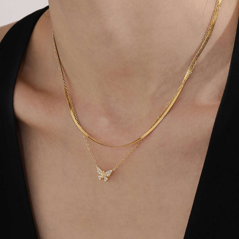 Stainless Steel 5A Zircon Butterfly Necklace Bracelet European and American Fashion Light Luxury 18k Gold Plated Versatile Jewelry Set