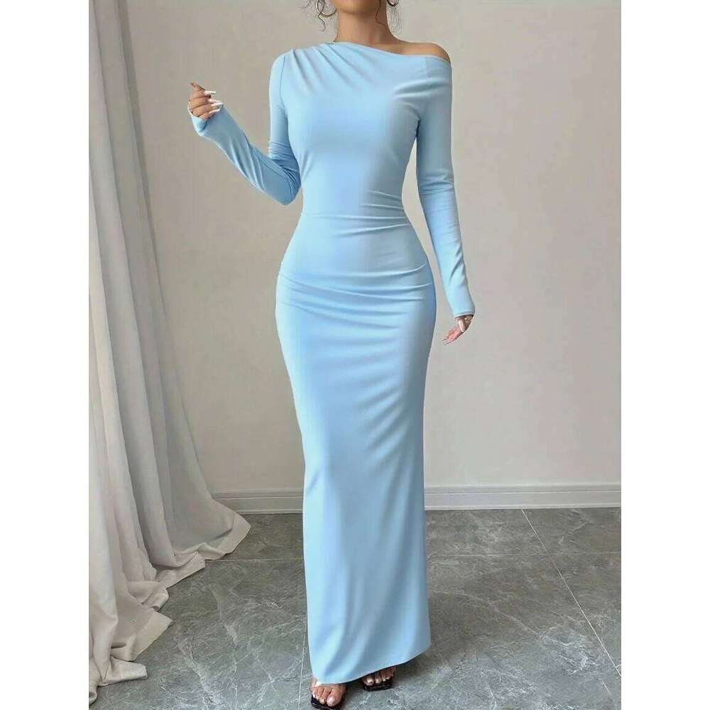 Europe and America 2025 autumn new personality solid color trend temperament high waist long sleeve slim fit hip-hugging dress C260311